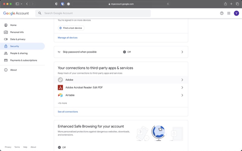 your connections to third-party apps & services section on security page
